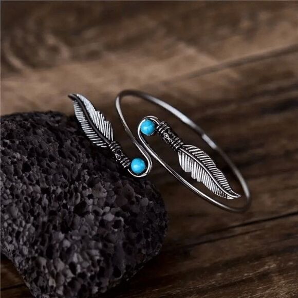 Boho Silver Turquoise Feather Open Bangle Arm Cuff Bracelet - Picture 3 of 4